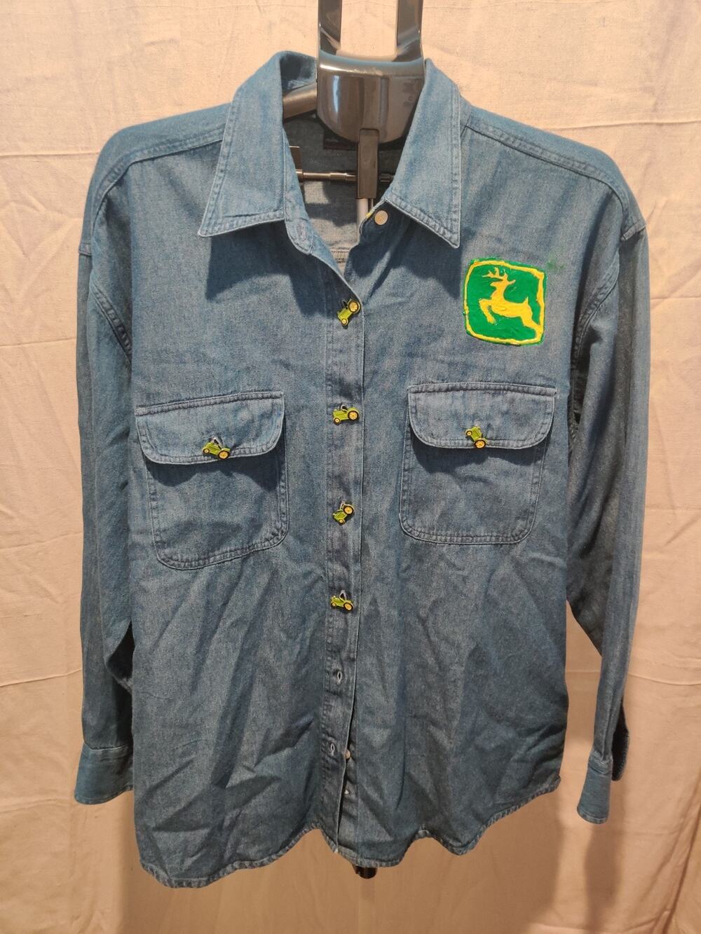 Vintage Amrav Authentic Jeanwear Denim Shirt Women's Size XL John Deere Handmade